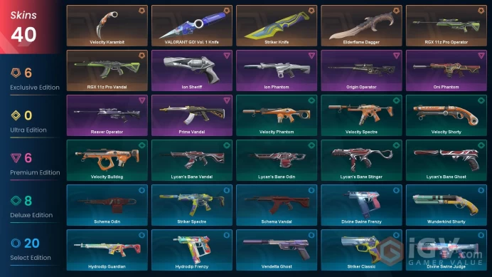 EU Level 89 40 Skins 17 Agents RGX 11z Pro Operator Ion Sheriff RGX 11z Pro Operator Ion Phantom VALORANT GO! Vol. 1 ...