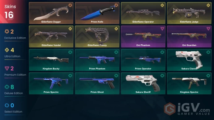 EU Level 1 16 Skins 7 Agents Oni Guardian Oni Phantom Oni Phantom Elderflame Operator Elderflame Vandal Elderflame Va...