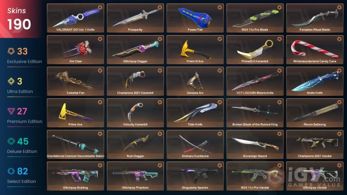NA Level 201 190 Skins 21 Agents RGX 11z Pro Blade Power Fist Magepunk Sheriff Elderflame Vandal Reaver Vandal Singul...
