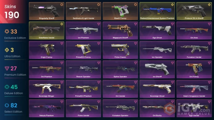 NA Level 201 190 Skins 21 Agents RGX 11z Pro Blade Power Fist Magepunk Sheriff Elderflame Vandal Reaver Vandal Singul...