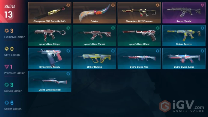 EU Level 32 13 Skins 10 Agents Champions 2022 Phantom Champions 2022 Phantom Reaver Vandal Champions 2022 Phantom Rea...
