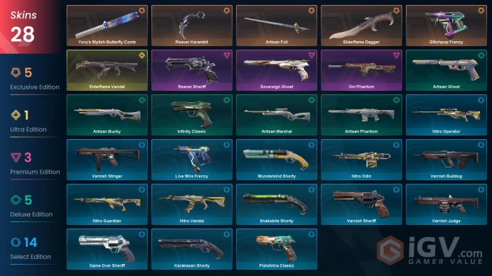 Platinum 2 EU Level 136 28 Skins Yoru's Stylish Butterfly Comb Reaver Karambit Sovereign Ghost Elderflame Vandal Elde...