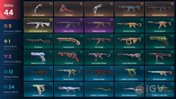 EU / 43 Skins / 3 Knives / Noctrunum / Reaver / Magepunk / Kuronami / Evori Dreamwings / Ion / Velocity / Striker / Coalition / Digihex XB19