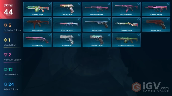 EU / 43 Skins / 3 Knives / Noctrunum / Reaver / Magepunk / Kuronami / Evori Dreamwings / Ion / Velocity / Striker / Coalition / Digihex XB19
