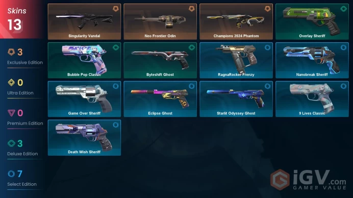 AP | 13 skins | Champions 2024 Phantom | Singularity Vandal | Neo Frontier Odin | Overlay Sheriff | Bubble Pop Classic | Byteshift Ghost | B4951