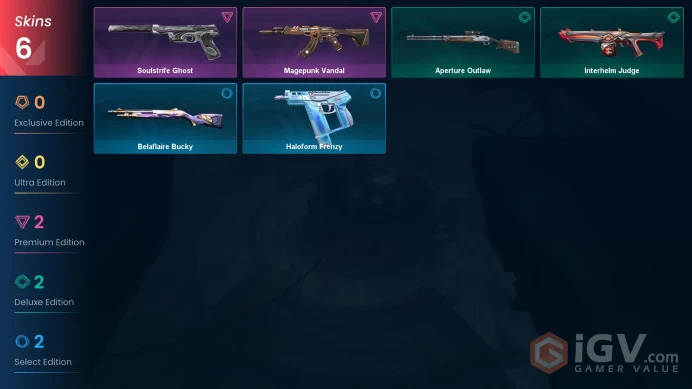 EU | 6 skins | Magepunk Vandal | Soulstrife Ghost | Interhelm Judge | Aperture Outlaw | Belaflaire Bucky | Haloform Frenzy | L5202