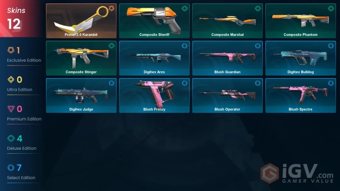 EU | 12 skins | Prime//2.0 Karambit | Composite Marshal | Composite Sheriff | Composite Stinger | Composite Phantom | Blush Guardian | M8407
