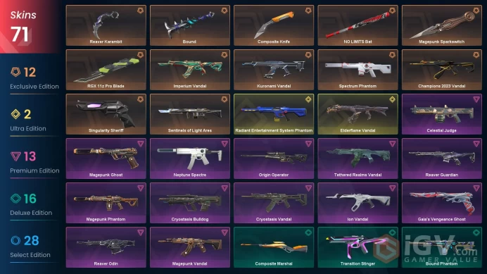EU | 71 skins | Champions 2023 Vandal | Reaver Karambit | Elderflame Vandal | Radiant Entertainment System Phantom | Kuronami Vandal | Q3258