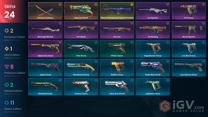 NA | 24 skins | Radiant Entertainment System Phantom | Onimaru Kunitsuna | Oni Vandal | Ion Operator | Valiant Hero Ghost | Oni Frenzy | C7881