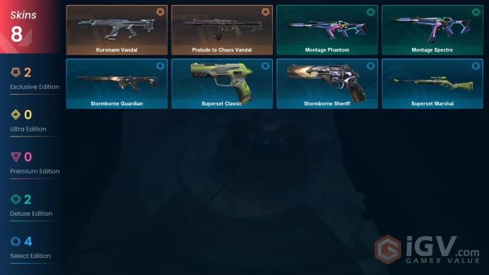 EU | 8 skins | Kuronami Vandal | Prelude to Chaos Vandal | Montage Phantom | Montage Spectre | Stormborne Sheriff | Stormborne Guardian | L3036
