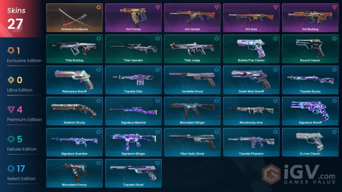 LA | 27 skins | Onimaru Kunitsuna | Oni Vandal | Oni Bulldog | Oni Frenzy | Oni Ares | Bound Classic | Tilde Judge | Tilde Bulldog | U5775