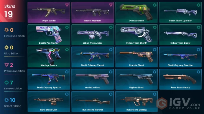 EU | 19 skins | Reaver Phantom | Origin Vandal | Iridian Thorn Bucky | Bubble Pop Classic | Iridian Thorn Judge | Overlay Sheriff | P1771