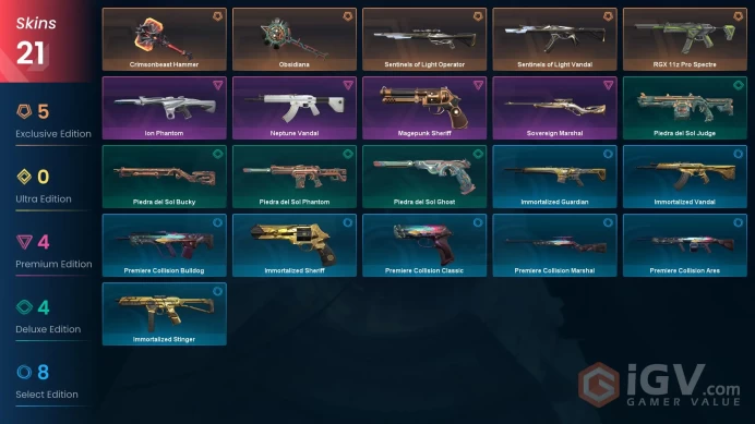 EU | 21 skins | Sentinels of Light Vandal | Crimsonbeast Hammer | Obsidiana | Sentinels of Light Operator | Ion Phantom | Neptune Vandal | E4194