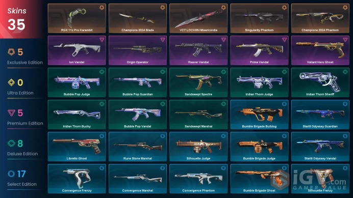 EU 35 skins | VCT LOCK//IN Misericórdia | Champions 2024 Blade | Champions 2024 Phantom | RGX 11z Pro Karambit | Origin Operator | Singularity P