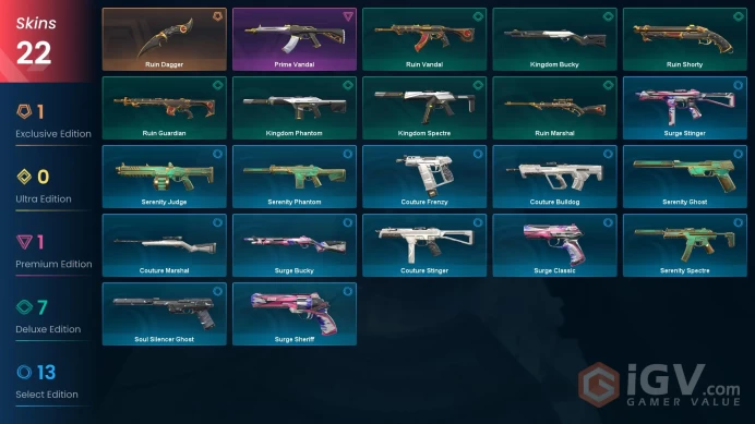EU Full Access | 22 Skins Ruin Dagger + Prime Vandal + Kingdom Phantom + more | Bronze 3 Last Rank