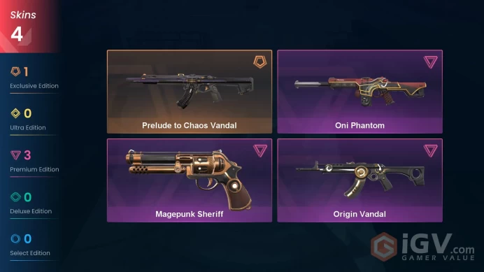 EU Full Access | 4 Skins Prelude to Chaos Vandal + Oni Phantom + Magepunk Sheriff + Origin Vandal | Iron 3 Last Rank
