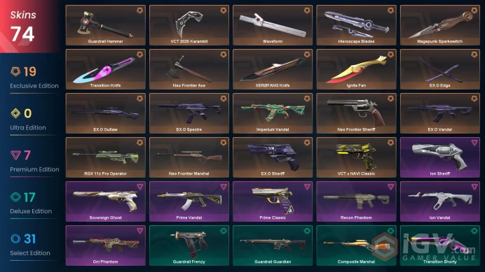 EU/TUR 67290 VP Ignite Fan VCT 2025 Karambit Recon Phantom Sovereign Ghost Prime Vandal Neo Frontier Axe VCT x NAVI Classic EX.O Vandal Neo Fron