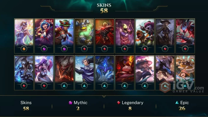 [TR] | 58 Skins | 12 Champs | Unranked (0% WR) | Level 260 | 1 Ultimate / 2 Mythic / 8 Legendary / 26 Epic | 0 RP | 0...