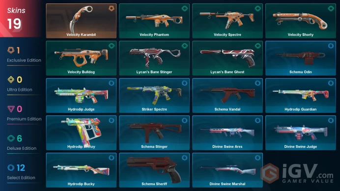 EU - LVL 45 - Unranked - 19 Skins - 1 knife - Velocity karambit