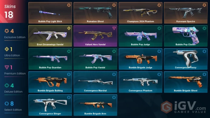 EU - LVL 42 - Unranked - 1 Knife - 18 Skins (~11,475 VP) Evori Dreamwings Vandal, Ruination Ghost, Champions 2024 Phantom, Bubble Pop Light Stic