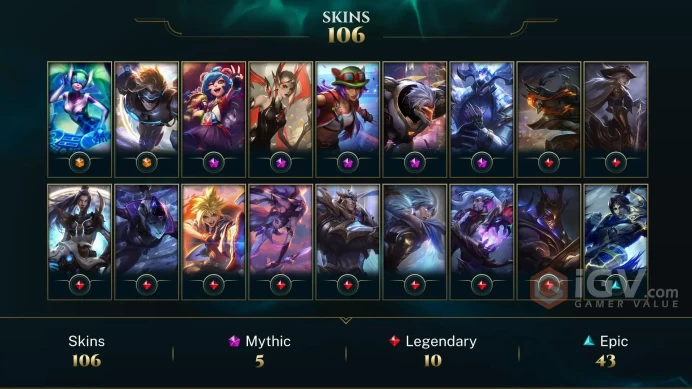 OCE EMAIL CHANGEABLE 105 CHAMPIONS 106 SKINS PRESTIGE: AATROX ZED  EZREAL Risen Legend LB Ann-Sivir-sary Annie-Versary 40 L LEGEND 143 EMOTES
