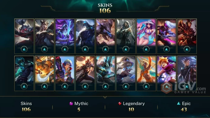 OCE EMAIL CHANGEABLE 105 CHAMPIONS 106 SKINS PRESTIGE: AATROX ZED  EZREAL Risen Legend LB Ann-Sivir-sary Annie-Versary 40 L LEGEND 143 EMOTES