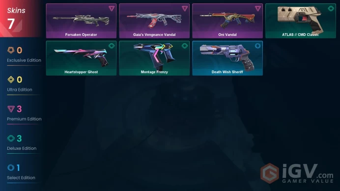 EU | 7 skins | Gaia's Vengeance Vandal | Oni Vandal | Forsaken Operator | Heartstopper Ghost | ATLAS // CMD Classic | Montage Frenzy | F8158