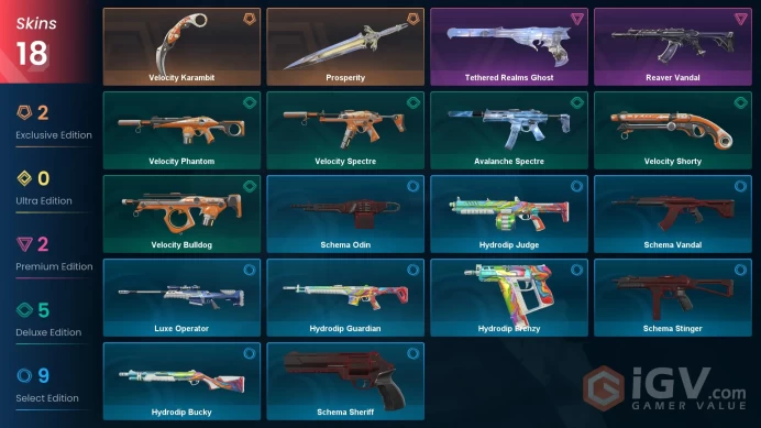 EU | 18 skins | Reaver Vandal | Velocity Karambit | Prosperity | Tethered Realms Ghost | Velocity Spectre | Velocity Phantom | I4962