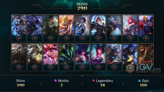 [D100] NA/EUW/OCE/JP/ 172 heroes / 290skins /  Instant Delivery/ Can change bound email and password/Can be transferred to any server
