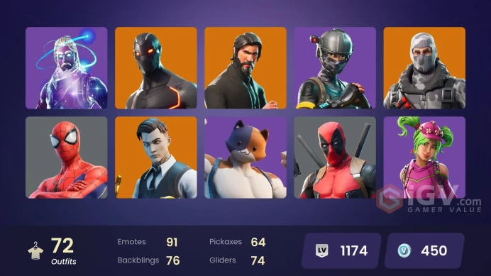 72 skins/full access/galaxy/the reaper/nba 75 swish/elite agent/take the l/it's vibe/rare emotes/mako/stellar axe