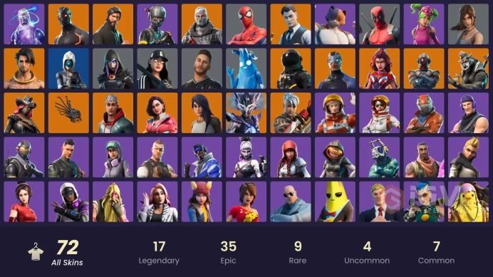 72 skins/full access/galaxy/the reaper/nba 75 swish/elite agent/take the l/it's vibe/rare emotes/mako/stellar axe