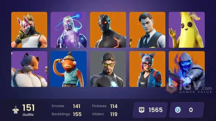 151 skins/full access/galaxy/gold midas/deluxe stw/world cup fishstick/tidy/laugh it up/fncs renegade/strong guard/rare emotes