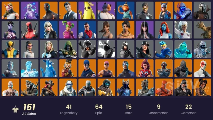 151 skins/full access/galaxy/gold midas/deluxe stw/world cup fishstick/tidy/laugh it up/fncs renegade/strong guard/rare emotes
