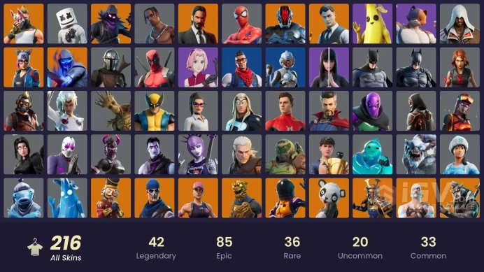 216 skins/full access/travis scott/og paradigma/deluxe stw/rambunctious/zombie shambles/it's complicated/spike