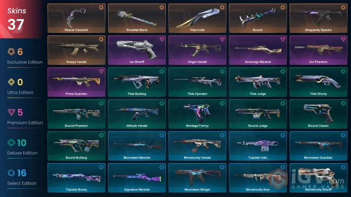 EU 37 skins | Snowfall Wand | Bound | Tilde Knife | Araxys Vandal | Reaver Karambit | Singularity Spectre | Ion Sheriff | Oni Phantom | V0412
