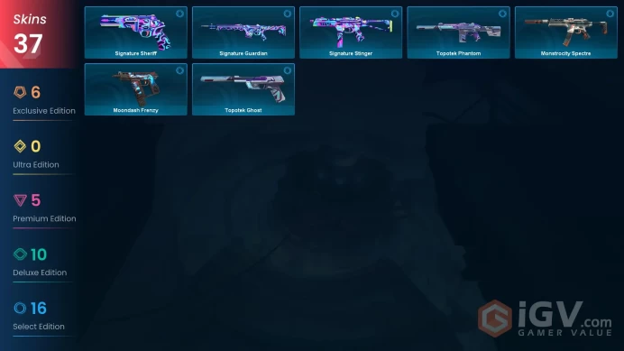 EU 37 skins | Snowfall Wand | Bound | Tilde Knife | Araxys Vandal | Reaver Karambit | Singularity Spectre | Ion Sheriff | Oni Phantom | V0412
