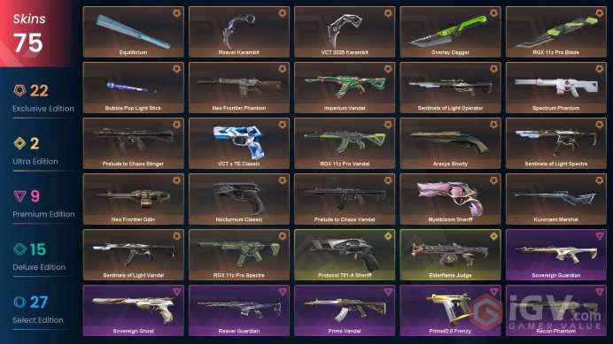 EU/TUR 75340 VP VCT 2025 Karambit Protocol 781-A Sheriff RGX 11z Pro Vandal Prime Vandal Sovereign Guardian Reaver Phantom Equilibrium Reaver Ka