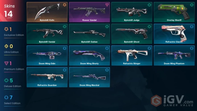 EU Full Access | 14 Skins Byteshift Knife + Reaver Vandal + Doom Wing Phantom + Overlay Sheriff + more | Iron 3 Last Rank
