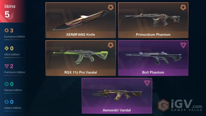 Eu-Europe | Xerofang Knife | RGX 11z Pro Vandal | Aemondir Vandal | Primordium Phantom | Bolt Phantom | 5 Skins | Level 20 | Full Access