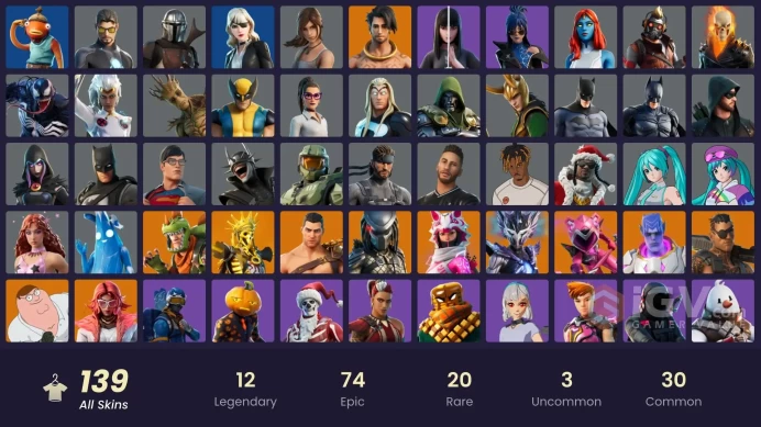 PC/PSN/Xbox/Nintendo 138 skins Leviathan Axe | Vi | Master Chief (Matte Black) | Tart Tycoon | Valeria | Spire Assassin | Oro | Raz | Joey | Men