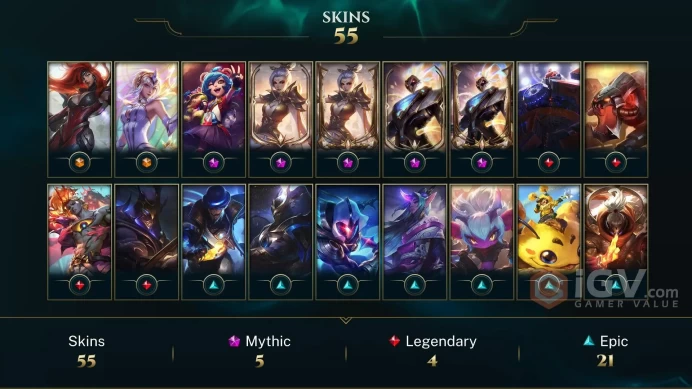 OCE EMAIL CHANGEABLE 89 CHAMPIONS 55 SKINS Prestige Pulsefire Thresh 2X Prestige Valiant Sword Riven 2X Gun Goddess Miss Fortune Elementalist Lx
