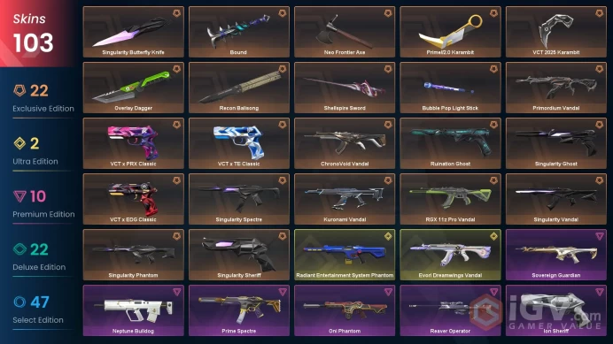EU/TUR 80195 VP 103 SKINS VCT 2025 Karambit Prime//2.0 Karambit Evori Dreamwings Vandal ChronoVoid Vandal Primordium Vandal Ruination Ghost