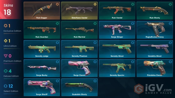 TR/EU Full Access | 18 Skins Ruin Dagger + Elderflame Vandal + Serenity Phantom + Surge Sheriff + Vendetta Ghost + more | Gold 1 Last Rank