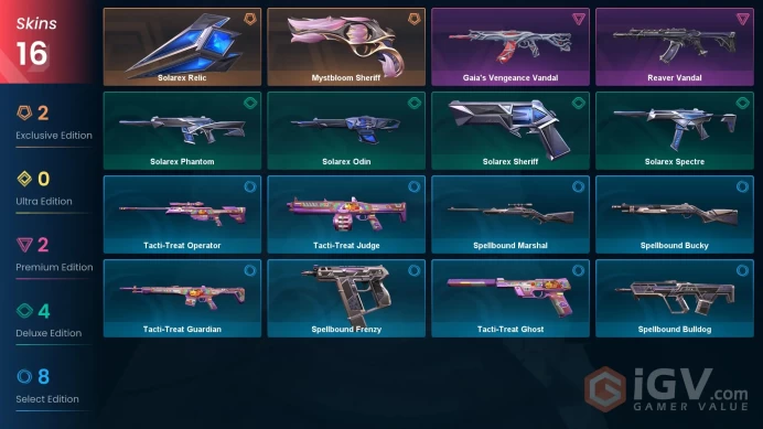 EU / 16 skins / Gaia's Vengeance Vandal / Mystbloom Sheriff / Reaver Vandal / Solarex Relic / 	V46