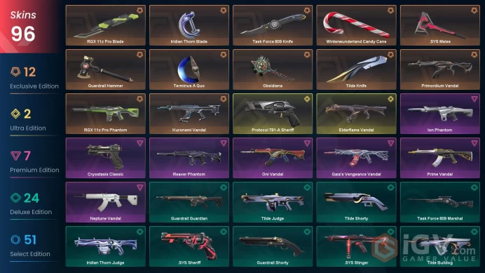 EU / 96 skins / RGX 11z Pro Blade / Primordium Vandal / Gaia's Vengeance Vandal / Prime Vandal / Reaver Phantom /	V49