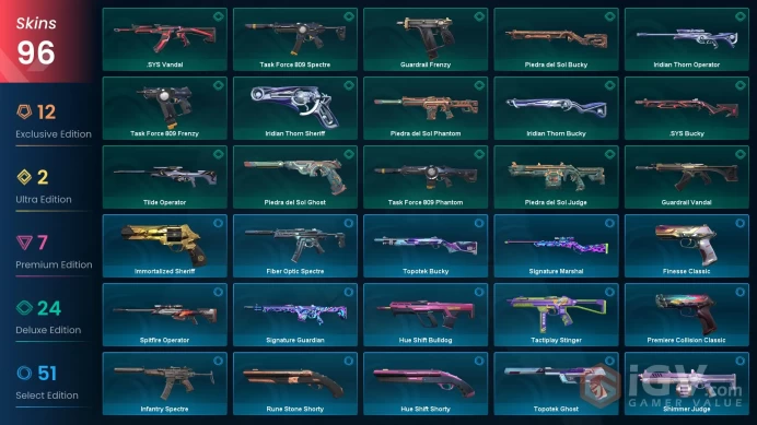EU / 96 skins / RGX 11z Pro Blade / Primordium Vandal / Gaia's Vengeance Vandal / Prime Vandal / Reaver Phantom /	V49