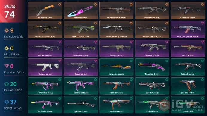 EU [ 74 TOP SKINS + 2 KNIFE ] Champions 2023 Vandal + Neo Frontier Phantom + Blackthorn Vandal + Primordium Vandal / full acces
