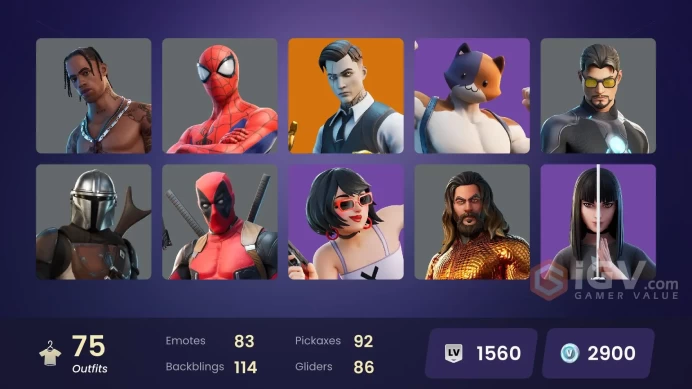 (PC PSN XBOX) 75 skins | Travis Scott | Gold Meowscles | Gold Brutus | Gold Midas | Tart Tycoon | Point Patroller | Menace | Fade | Gear Special