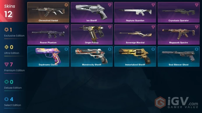 EU | 12 skins | ChronoVoid Vandal | Reaver Phantom | Cryostasis Operator | Neptune Guardian | Magepunk Spectre | Ion Sheriff | K2699