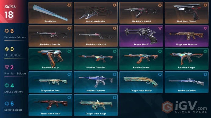 EU | 18 skins | Equilibrium | Magepunk Phantom | Reaver Sheriff | Blackthorn Blades | Blackthorn Classic | Blackthorn Vandal | A2751